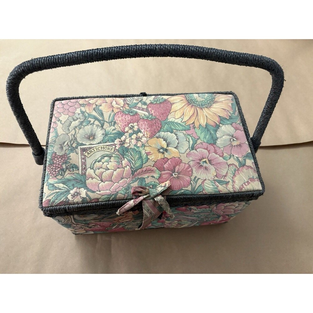 Vintage Floral Sewing Box with Handle | Fabric Covered Sewing Basket